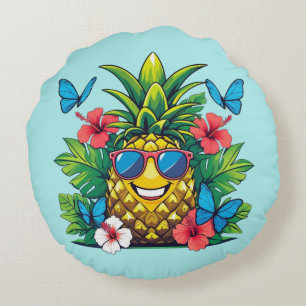 Pineapple Butterfly Hibiscus Vibes Round Cushion