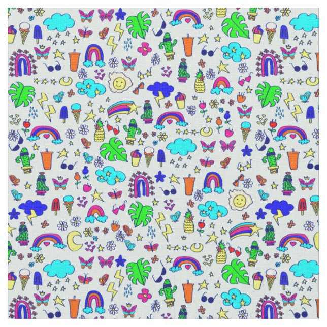 pineapple cactus rainbow monstera doodle fabric (Close Up)