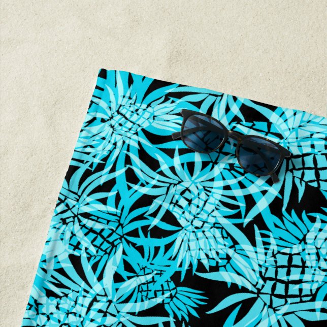 Pineapple Camo Hawaiian Tropical - black and turq Beach Towel (In Situ)
