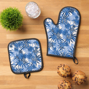 Pineapple Camo Hawaiian Tropical Blue Oven Mitt & Pot Holder Set