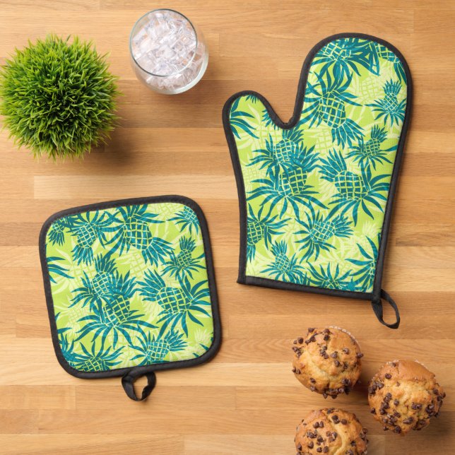 Pineapple Camo Hawaiian Tropical Lime Oven Mitt & Pot Holder Set (Top Down)