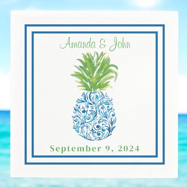 Pineapple Chinoiserie Blue Border Preppy Wedding Napkin (Creator Uploaded)