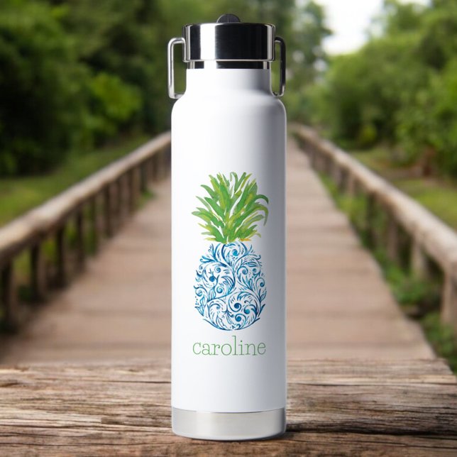 Pineapple Chinoiserie Blue White Preppy Name Water Bottle (Creator Uploaded)
