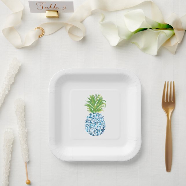 Pineapple Chinoiserie Blue White Preppy Paper Plate (Wedding)