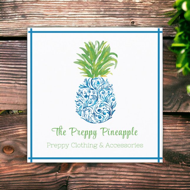 Pineapple Chinoiserie Blue White Preppy Square Business Card (Creator Uploaded)