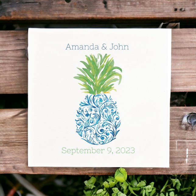 Pineapple Chinoiserie Blue White Preppy Wedding Napkin (Creator Uploaded)