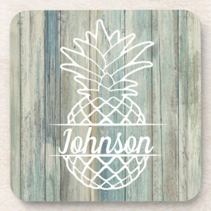 Pineapple Family Name on Rustic Wood Coastal Beach Coaster
