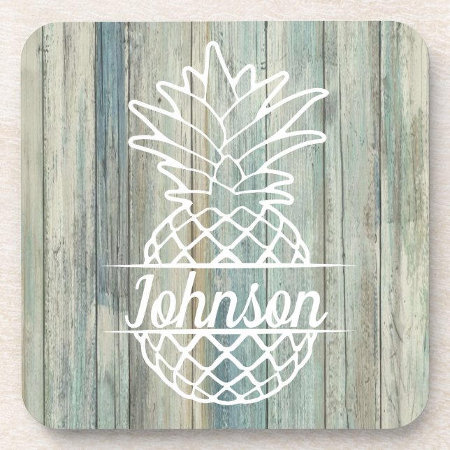 Pineapple Family Name on Rustic Wood Coastal Beach Coaster (Front)