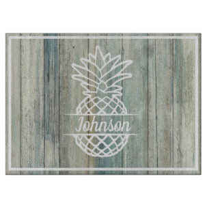 Pineapple Family Name on Rustic Wood Coastal Beach Cutting Board