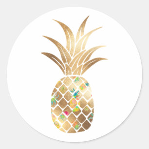 Pineapple, Faux Gold+Collage Classic Round Sticker