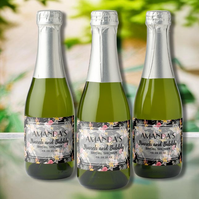 Pineapple Floral on Black Bridal Shower Mini Sparkling Wine Label (Pineapples and flowers on black brunch and bubbly bridal shower mini sparkling wine bottle labels)