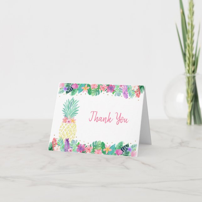 Pineapple Floral Pink Gold Birthday Thank You Card (Front)