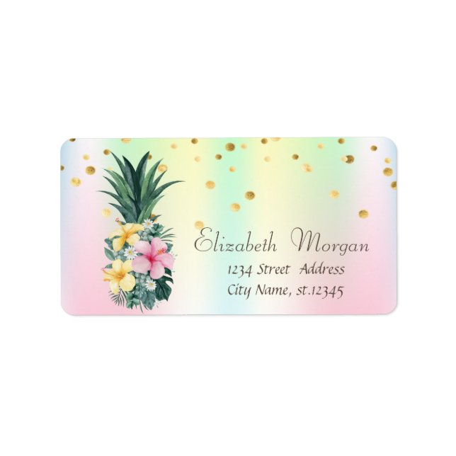 Pineapple Flowers Confetti Holographic Iridescent Label (Front)