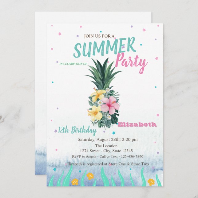 Pineapple Flowers Seashells Birthday Party Invitation (Front/Back)