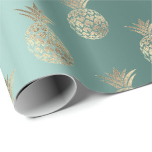 Pineapple Fruit Faux Gold Tropic Summer Teal Green Wrapping Paper