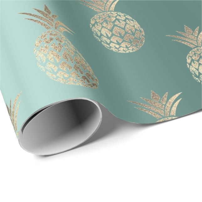 Pineapple Fruit Faux Gold Tropic Summer Teal Green Wrapping Paper (Roll Corner)