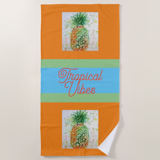 Pineapple Fruit Food Tropical Vibes Orange Lime Beach Towel (Front)