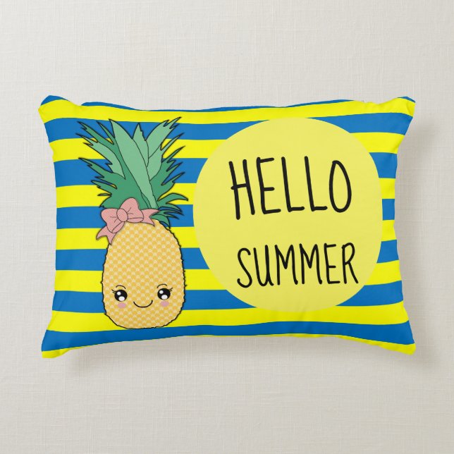 Pineapple Fruit Kawaii Hello Summer Blue Stripe Decorative Cushion (Front)