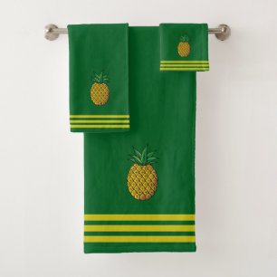 Pineapple Fruit, Three Stripes on Forest Green Bath Towel Set
