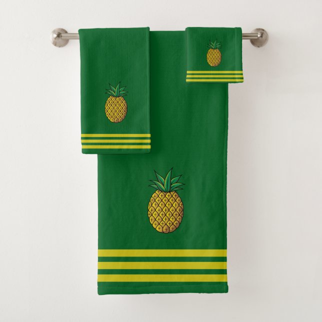 Pineapple Fruit, Three Stripes on Forest Green Bath Towel Set (Insitu)