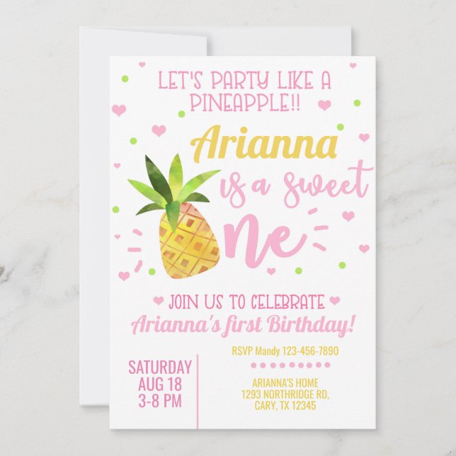 Pineapple girl 1st first birthday invite. invitation (Front)