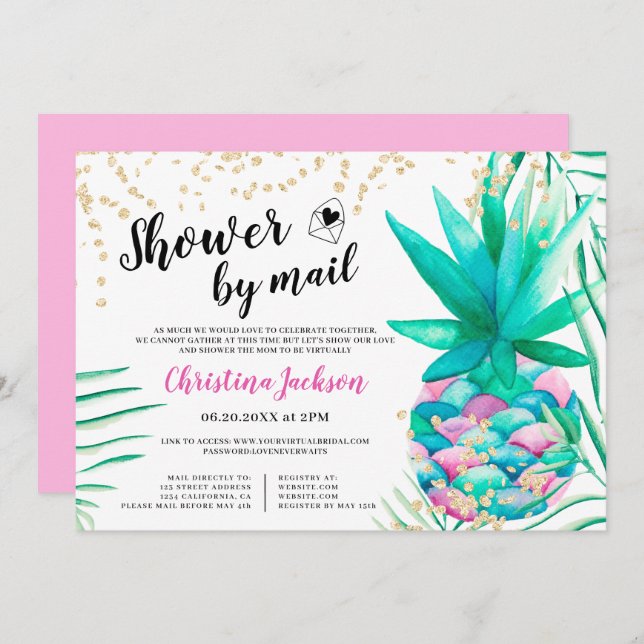 Pineapple gold glitter watercolor shower by mail invitation (Front/Back)