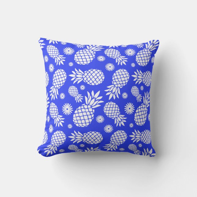 Pineapple graphic flowers tropical blue pillow (Front)