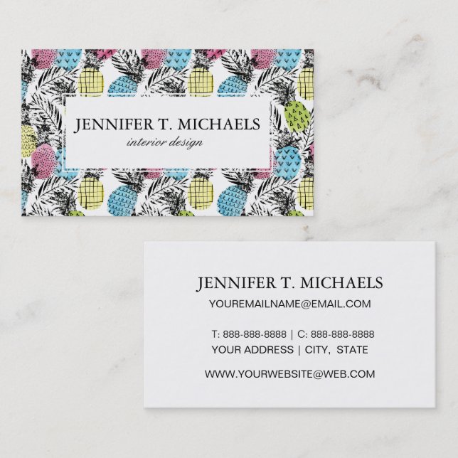 Pineapple Grunge Palms | Monogram Business Card (Front/Back)