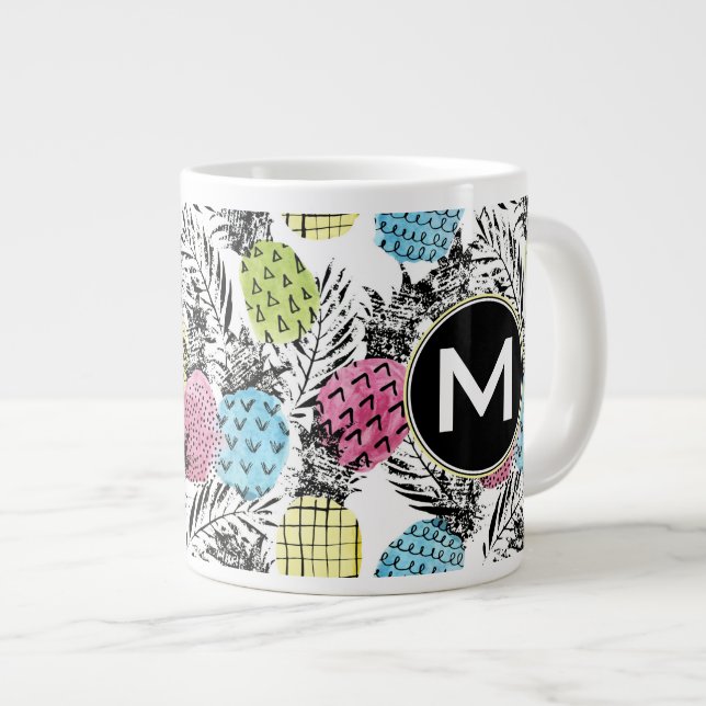Pineapple Grunge Palms | Monogram Large Coffee Mug (Front Right)