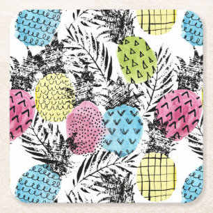 Pineapple Grunge Palms Square Paper Coaster