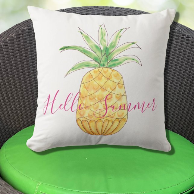 Pineapple Hello Summer Yellow Pink Watercolor Cushion (Creator Uploaded)