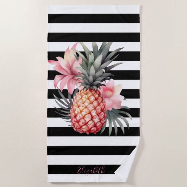 Pineapple Hibiscus , Black White Stripes Beach Towel (Front)