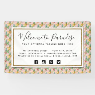 Pineapple & Hibiscus Flowers Watercolor Tropical Banner