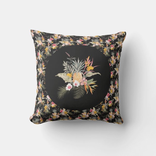 Pineapple Hibiscus Tropical Black Cushion (Front)