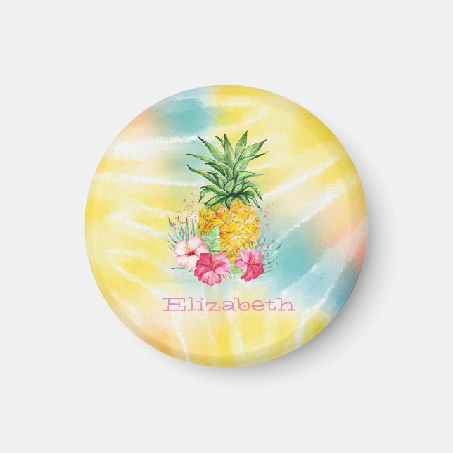  Pineapple,Hibiscus Watercolor Rainbow Tie Dye Magnet (Front)