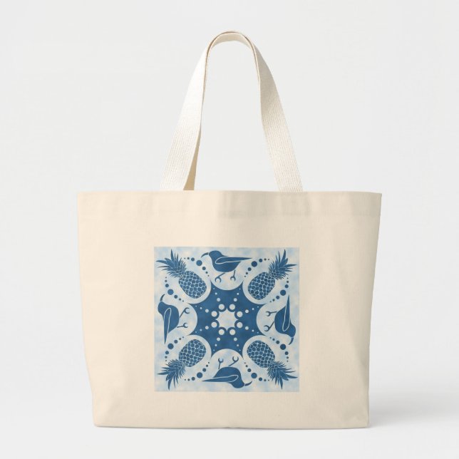 Pineapple & Iiwi Hawaiian Quilt Large Tote Bag (Front)