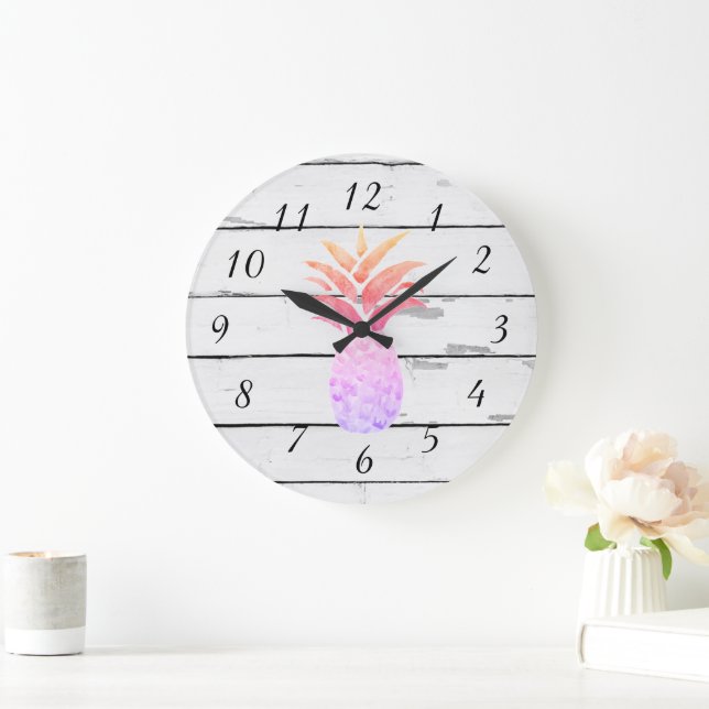 Pineapple Illustration Decor Rustic Shiplap Large Clock (Home)