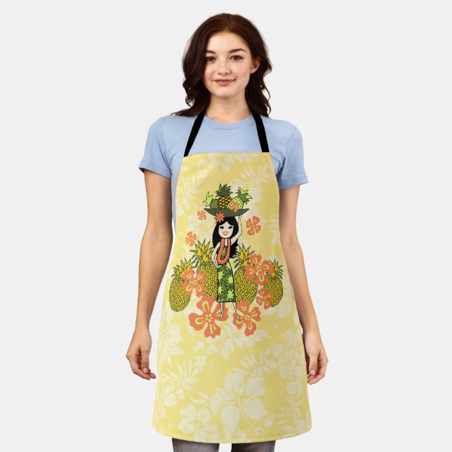 Pineapple Luau Hawaiian Hula Girl Lemon Yellow Apron (Worn)