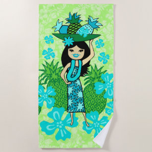 Pineapple Luau Hawaiian Hula Girl Lime Green Beach Towel