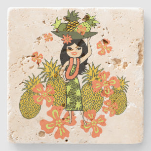 Pineapple Luau Hawaiian Hula Girl Tiki Bar Coaster