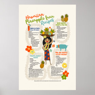 Pineapple Luau Hawaiian Hula Girl Vintage Recipes Poster