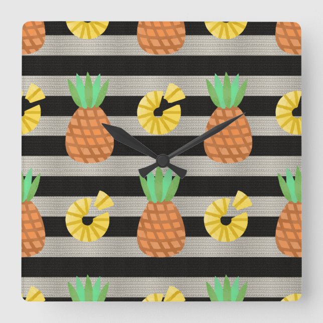 Pineapple Modern Black & White Stripes Square Wall Clock (Front)