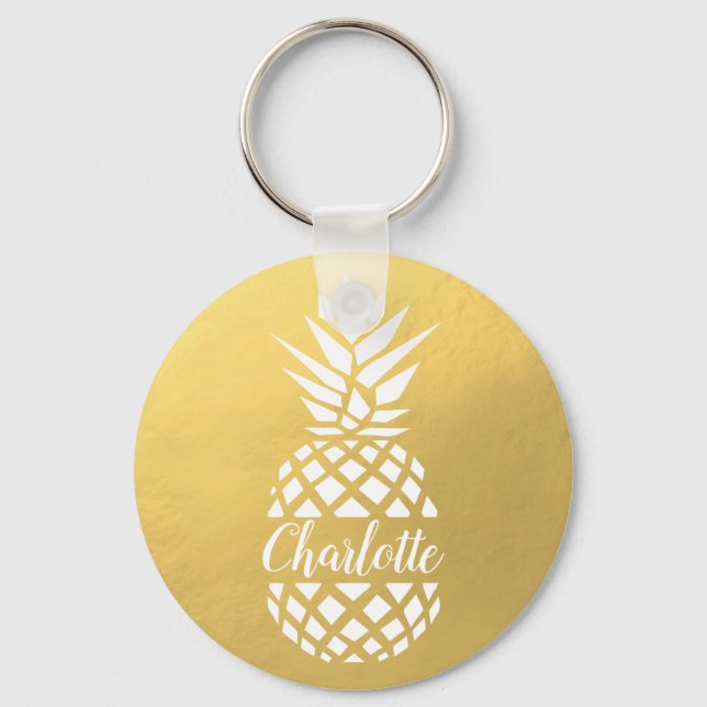 Pineapple Monogrammed gold custom name Key Ring (Front)