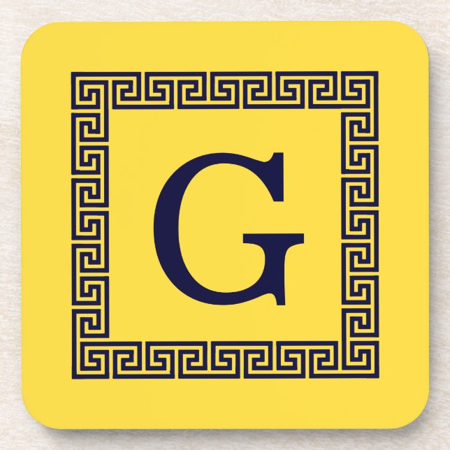 Pineapple, Navy Blue Greek Key #1 Framed Monogram Coaster (Front)