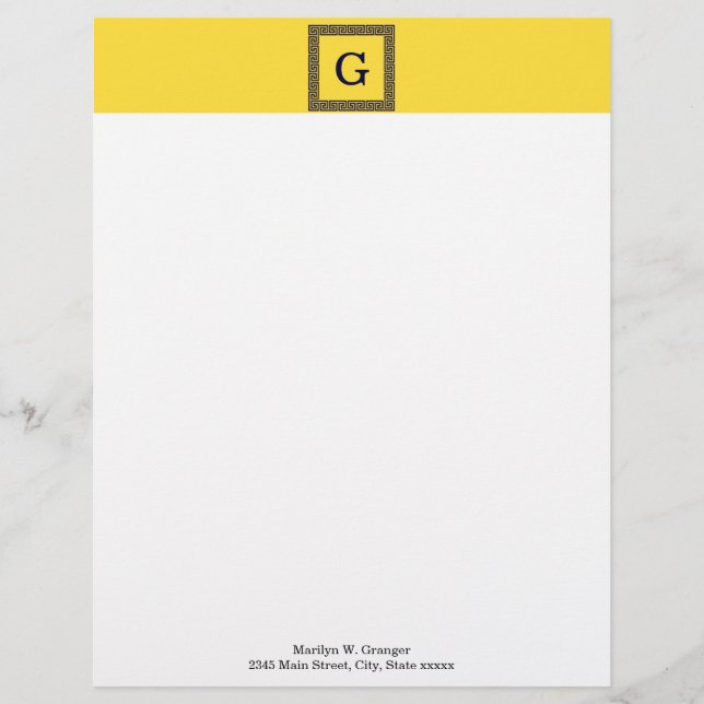 Pineapple, Navy Blue Greek Key #1 Framed Monogram Customised Letterhead (Front)