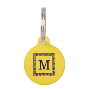 Pineapple, Navy Blue Greek Key #1 Framed Monogram Pet Tag