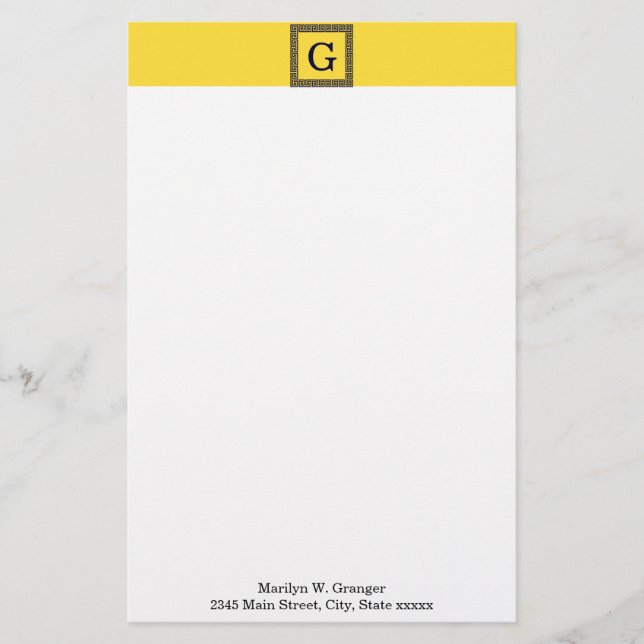 Pineapple, Navy Blue Greek Key #1 Framed Monogram Stationery (Front)