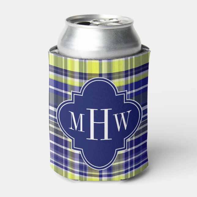 Pineapple Navy Blue White Preppy Madras Monogram Can Cooler (Can Front)