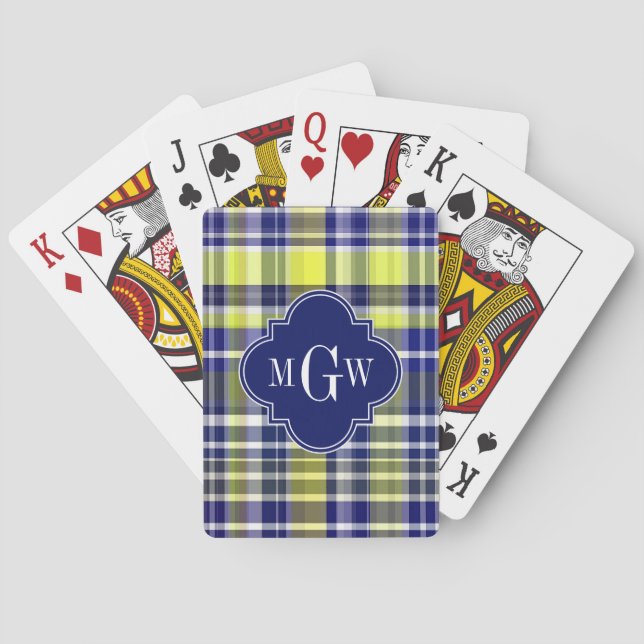 Pineapple Navy Blue White Preppy Madras Monogram Playing Cards (Back)