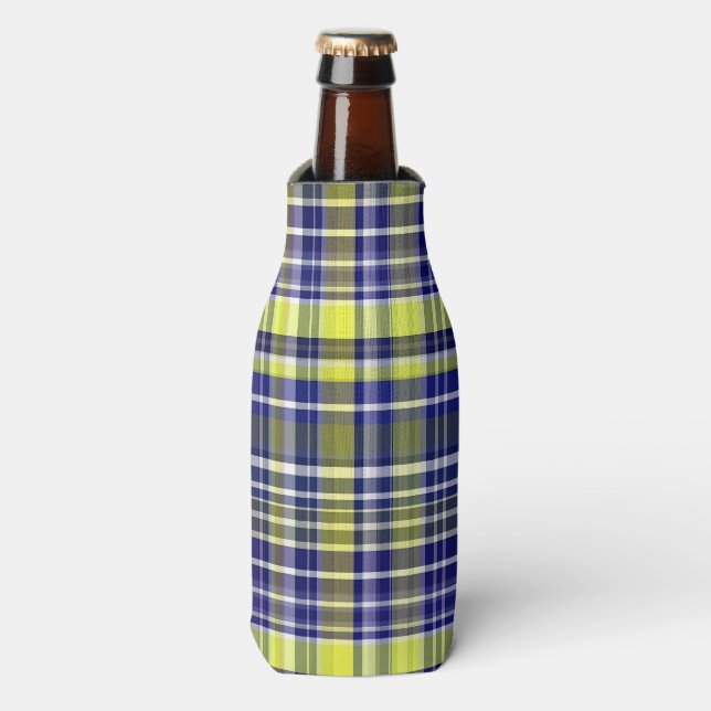 Pineapple Navy Blue White Preppy Madras Plaid Bottle Cooler (Bottle Front)